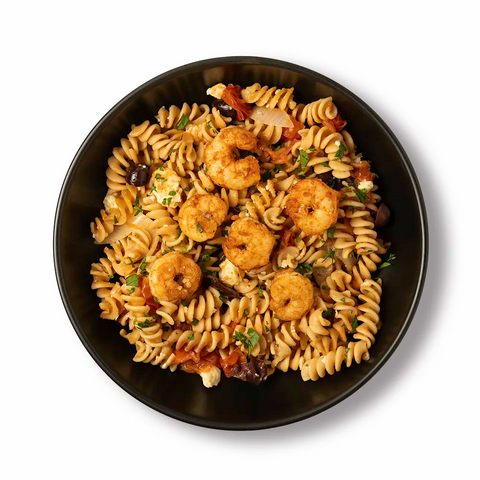 Mediterranean Chickpea Pasta with Seared Shrimp