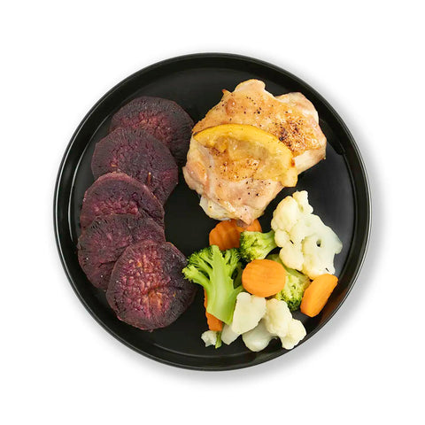 Lemon Chicken with Purple Sweet Potato and Vegetable Medley