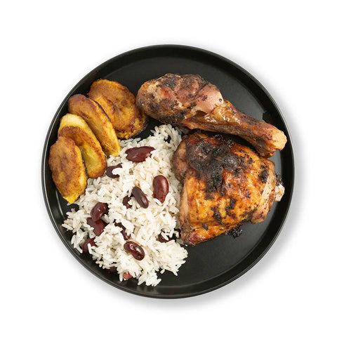 Jamaican Jerk Chicken with Rice, Beans, and Seared Plantains