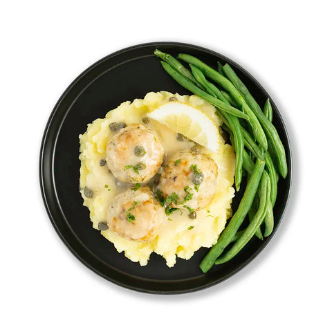 Chicken Piccata Meatballs with Mashed Potato and Greens Beans